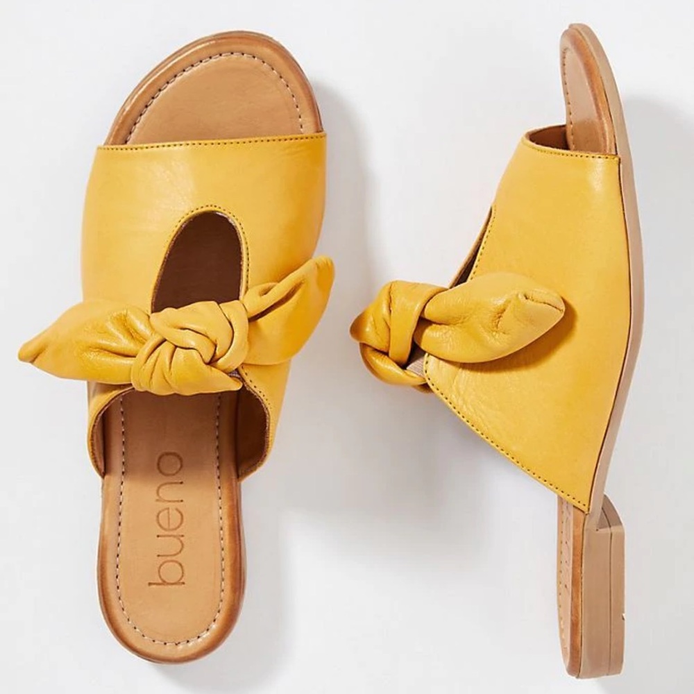 Bueno- Joley leather slide sandal with keyhole and bow accent. Mustard Yellow